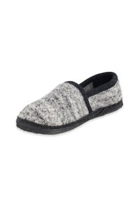 Grijze en zwarte vilten slipper met een gladde textuur, met een instapontwerp en een zwarte afwerking rond de opening en zool.