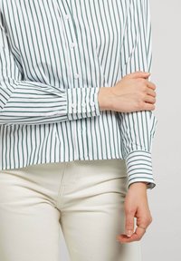 Chemise blanche à boutons, avec des rayures verticales vertes, dotée d'un col pointu, de poignets boutonnés et d'un ourlet court, associée à un pantalon beige clair.