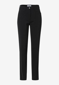 Pantaloni neri con design a gamba dritta, realizzati in un tessuto liscio con tasche frontali e chiusura a un bottone. Stile classico.
