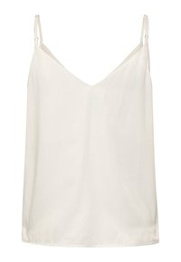Top bianco in camisole con spalline sottili regolabili, design a V, texture liscia e silhouette minimalista, adatto per essere indossato a strati.