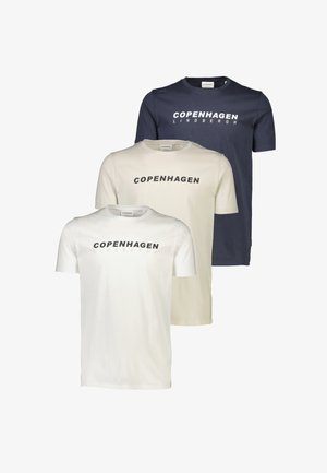 Tres camisetas de manga corta: una en color marino, una color crema claro y una color crema, todas con "COPENHAGUE LINDBERGH" impreso en letras negras en negrita.