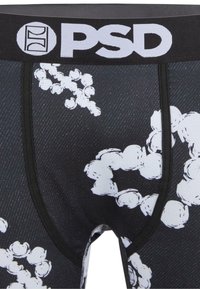 Zwarte bokser shorts met een wit abstract patroon, elastische tailleband met "PSD" logo en naadloos ontwerp voor comfort.