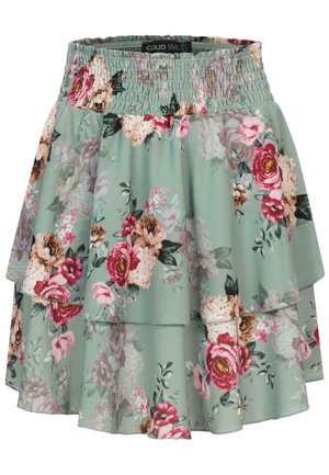 Lillelilledega skort, millel on mündiroheline kangas, roosa, valge ja pruuni lilledega. Kihiline disain ja elastne vöökoht mugavuse tagamiseks.