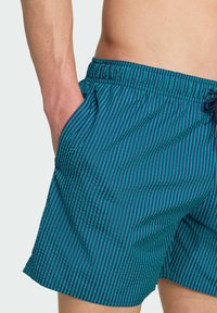 Bañador con cintura elástica, que presenta un patrón de rayas turquesa y morado, tejido texturizado y bolsillos laterales.