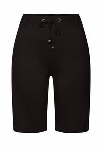 Zwarte jersey shorts met een elastische tailleband, trekkoordfunctie en zilverkleurige oogjes. Gladde textuur en lengte tot de knie.