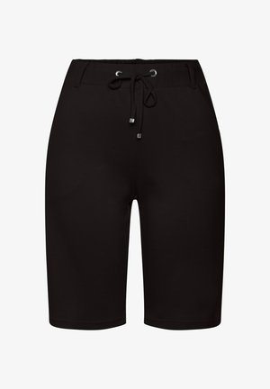 Zwarte jersey shorts met een elastische tailleband, trekkoordfunctie en zilverkleurige oogjes. Gladde textuur en lengte tot de knie.