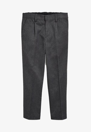 Pantalon gris ajusté en tissu texturé, présentant un devant plat, des poches latérales et une taille élastique pour plus de confort.