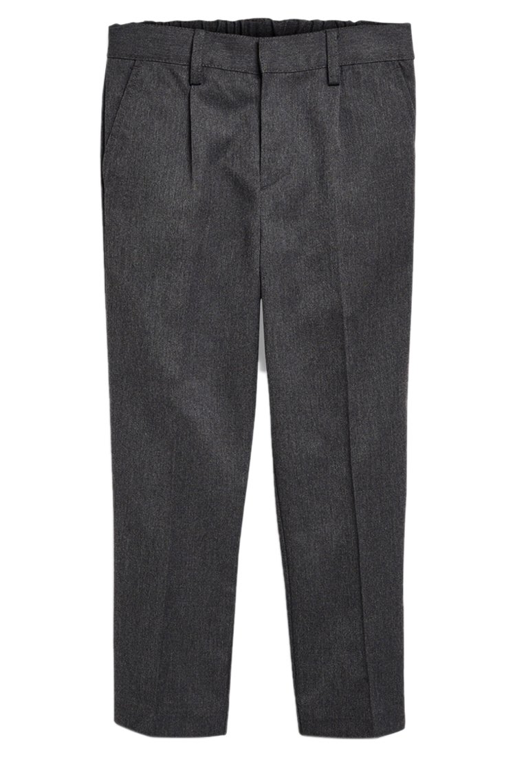 Pantalon gris ajusté en tissu texturé, présentant un devant plat, des poches latérales et une taille élastique pour plus de confort.