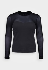 Top nera a maniche lunghe caratterizzato da un corpo aderente e maniche in rete trasparente. Il collo ha una forma a cuore con una texture liscia.