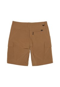 Pantalones cortos cargo marrones hechos de un tejido duradero, que cuentan con dos bolsillos traseros, un bolsillo lateral y una pequeña etiqueta con un logotipo. Textura suave, diseño de corte recto.