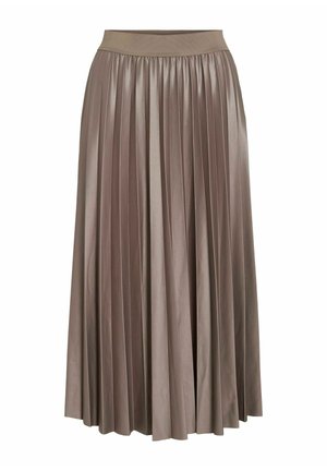 Pleated midi skirt in a soft taupe color, made from a shiny fabric. Features an elastic waistband for a comfortable fit.