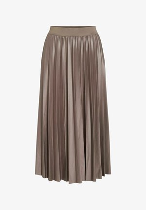 Plisowana spódnica midi w miękkim kolorze taupe, wykonana z błyszczącego materiału. Posiada elastyczny pas dla wygodnego dopasowania.
