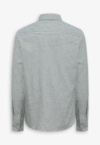 Camicia a maniche lunghe a quadri verde e bianca con colletto e polsini button-down, realizzata in tessuto a trama che presenta un motivo a griglia.