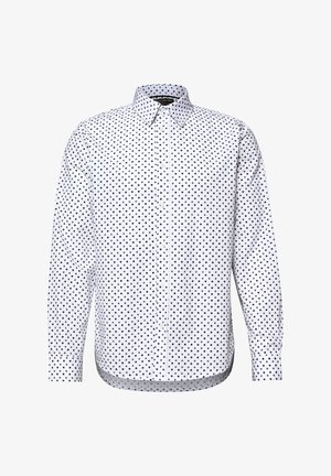 Camicia bianca a maniche lunghe con bottone davanti, decorata da un motivo a diamanti neri, colletto appuntito e polsini, mostrata su uno sfondo bianco uniforme.