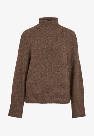 Pulover maro cu guler înalt, realizat dintr-un material moale și texturat. Prezintă o croială lejeră, manșete și tiv tricotate în rețea, cu o textură uniformă pe întreaga suprafață.