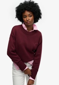 Bordowy sweter z dzianiny z prążkowanymi mankietami, noszony na jasnoróżowej koszuli z kołnierzykiem, w połączeniu z białymi spodniami. Prosty detal w postaci logo.