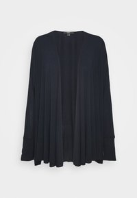 Czarny rozpinany kardigan wykonany z lekkiej dzianiny. Posiada długie rękawy i luźny fason o gładkiej fakturze.