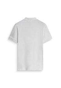 Camicia bianca a maniche corte, tessuto morbido, colletto classico, sottili strisce texturizzate lungo il colletto e un orlo dritto nella parte posteriore.