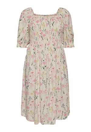 Vestido crema con estampado floral en rosa, amarillo y púrpura, mangas abullonadas hasta el codo, escote cuadrado fruncido y cintura fruncida.