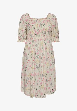 Vestido crema con estampado floral en rosa, amarillo y púrpura, mangas abullonadas hasta el codo, escote cuadrado fruncido y cintura fruncida.