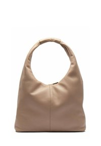Borsa a spalla in pelle beige con una texture morbida, forma morbida e manico arrotondato. Presenta una chiusura con zip sulla parte superiore.