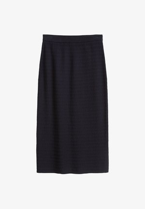 Dunkelblaues Bleistiftkleid mit einer strukturierten Waffeloptik. Verfügt über einen elastischen Bund und einen geraden Schnitt, der direkt über dem Knie endet.