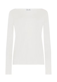 Weißes langärmeliges, eng anliegendes Shirt mit Rundhalsausschnitt und einem kleinen Stoffetikett am Hals auf einem einfarbigen Hintergrund.