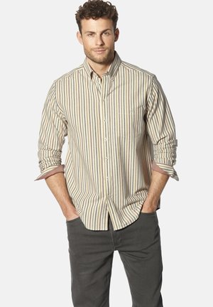 Gestreiftes Hemd in Beige, Braun und Olivgrün. Verfügt über eine Tasche, aufgerollte Ärmel und ein klassisches Kragen Design.