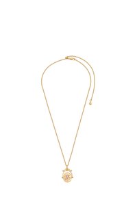 Zelta krāsas kaklarota ar plānu ķēdīti un apaļu piekari. Piekares dizainā ir ziedu motīvs un reljefais burts 'A' rozā krāsā.