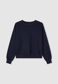 Granatowy sweatshirt wykonany z miękkiego materiału, z okrągłym dekoltem, długimi rękawami z prążkowanymi mankietami i skróconym elastycznym dołem.