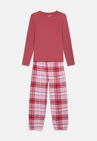 Μπλούζα μακρυμάνικη σε χρώμα βατόμουρου, συνδυασμένη με ροζ και κόκκινο καρό πιτζάμα παντελόνι. Απαλό ύφασμα, άνετη εφαρμογή και ελαστική μέση.