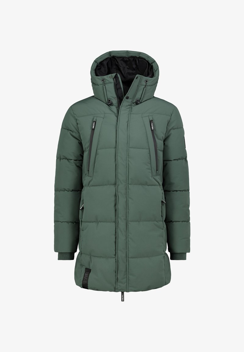 Groene gewatteerde jas met capuchon, voorzien van een ritssluiting, voorzakken en ribgebreide manchetten. Het ontwerp heeft een gewatteerde textuur en zwarte accenten.