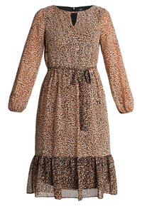 Robe à imprimé léopard avec manches longues, encolure avec ouverture en forme de goutte, taille ceinturée et ourlet volanté et transparent dans des tons de brun et noir.