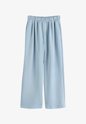 Világoskék bő szárú nadrág gumis derékrésszel és oldalzsebekkel, puha anyagból készült, finom hajtásokkal az elején.