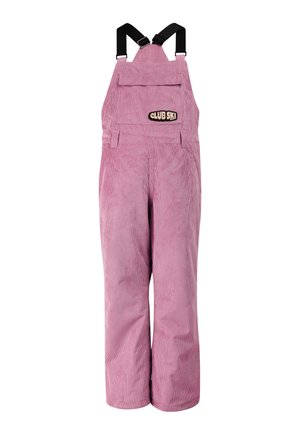 Roze corduroy skipak met zwarte verstelbare schouderbanden en een voorzak met het label "Club Ski."