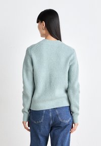Mintgrüner Pullover mit geripptem Textur, rundem Halsausschnitt und langen Ärmeln. Trägt man mit blauen Jeans, Blick von hinten.