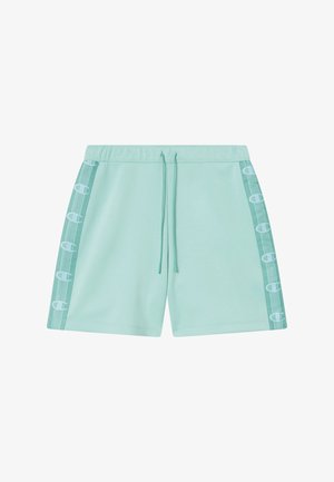 Pantalones cortos de color verde menta con cintura elástica y cordón. Presentan franjas laterales con un patrón repetido de logotipos. Textura de tela suave.