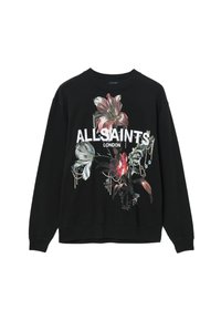 Fekete kapucnis pulóver, nagy virágmintával, pink, fehér és zöld színekkel, valamint vastag fehér betűkkel írt "ALLSAINTS LONDON" felirattal.