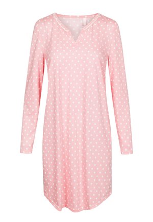 Nuisette à manches longues en tissu côtelé rose doux avec des pois blancs, dotée d'un décolleté en V et d'un ourlet incurvé.
