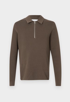 Brown long-sleeve knit pullover with a collar and a half-zip silver zipper at the front center.
