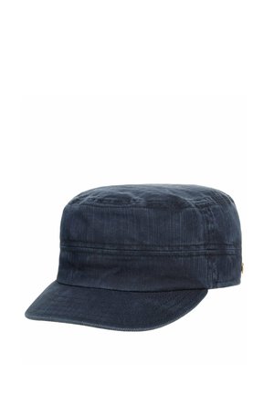 Dark blue corduroy military-style cap with a flat top and short curved brim, shown against a white background.