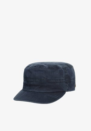Dark blue corduroy military-style cap with a flat top and short curved brim, shown against a white background.