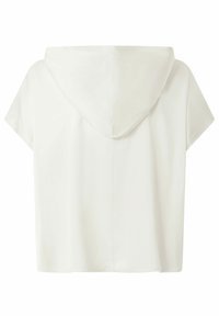 Hoodie bianco corto con maniche corte, tessuto morbido, grande cappuccio e un design pulito e minimalista. Senza loghi o motivi visibili.