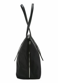 Black backpack with sleek, matte fabric, elongated shape, dual shoulder straps, and a side zipper pocket. Minimalist design, no patterns.