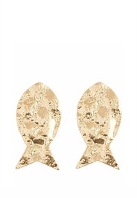 Gold fish-shaped earrings with a textured, hammered finish. Each earring features a pointed end and a wide top, emphasizing the aquatic design.