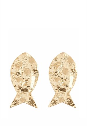 Ohrringe in Form von Goldfischen mit einer strukturierten, gehämmerten Oberfläche. Jedes Ohrring hat ein spitzes Ende und eine breite Oberseite, die das aquatische Design betonen.