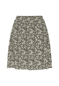 Gonna nera floreale con vita elasticizzata arricciata, realizzata in tessuto leggero con una siluetta A-line piena e fiori color crema.