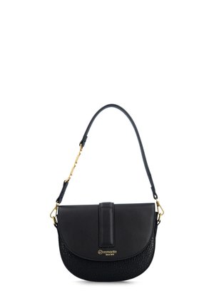 Black leather shoulder bag with front flap, textured bottom, gold "remonte Since 1876" logo, and detachable strap with gold hardware.