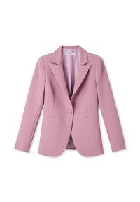 Blazer rosa chiaro con collo a punta, chiusura a un bottone e due tasche frontali. Tessuto liscio e design su misura con un aspetto professionale.