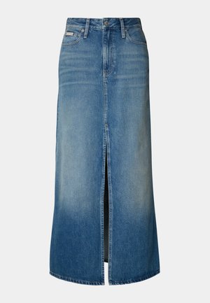 Šviesiai mėlyna džinsinė maksi sijonas su priekinėmis plyšio detalėmis, dirželių kilpomis, tradicine penkių kišenių konstrukcija ir išblukusiu efektu.